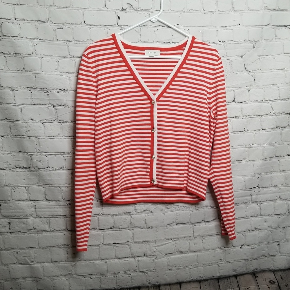 On 34th Red White Striped Jewel Button Cardigan Large